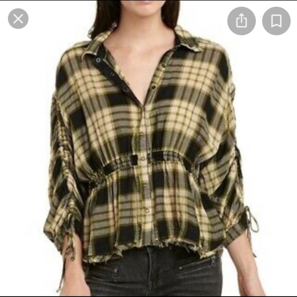 Free People Pacific Dawn Plaid Raw Edge Top Xs